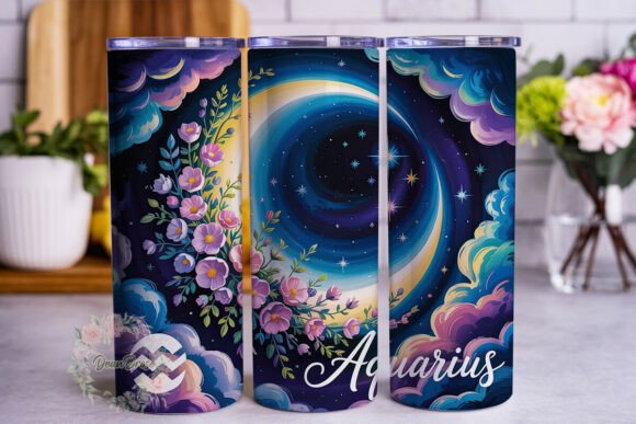 Aquarius Zodiac Floral Moon 20oz Tumbler: Graphics & Tumbler Wraps