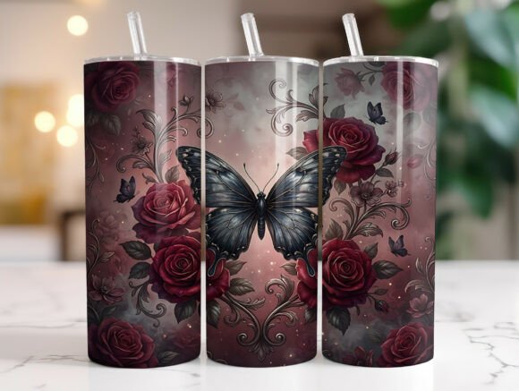 Black Butterfly Red Floral Tumbler Wrap