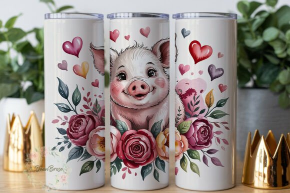 Cute Piggy Love Floral Tumbler Wrap Graphics