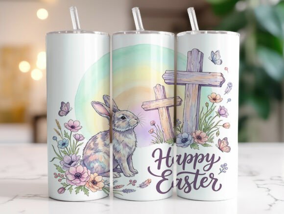 Happy Easter Bunny Cross Floral Tumbler Graphics