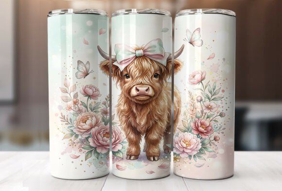 Pastel Highland Cow Peony Tumbler Wrap Graphics