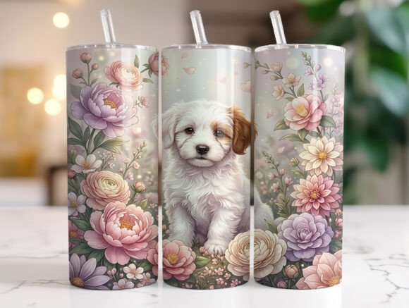 Puppy Peony Floral 20oz Tumbler Wrap Graphics