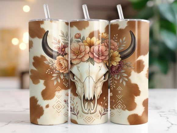 Rustic Cow Skull Floral PNG for Embroidery